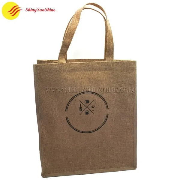Custom printed jute wine tote bag with PVC coating and sturdy handles for bottle transport