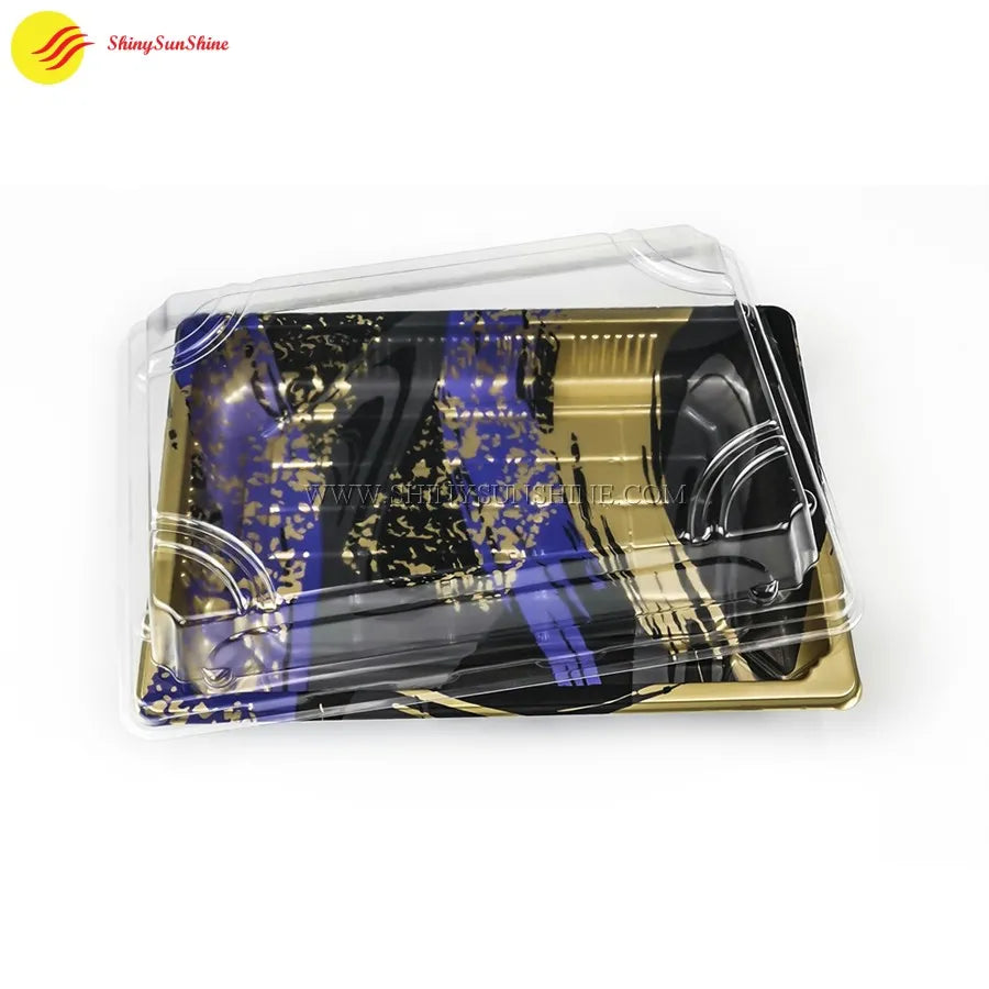Plastic sushi tray with high-clarity lid and molded roll holders