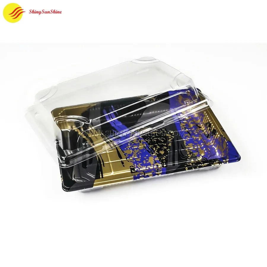 Empty clear plastic sushi container with black base and snap-on lid
