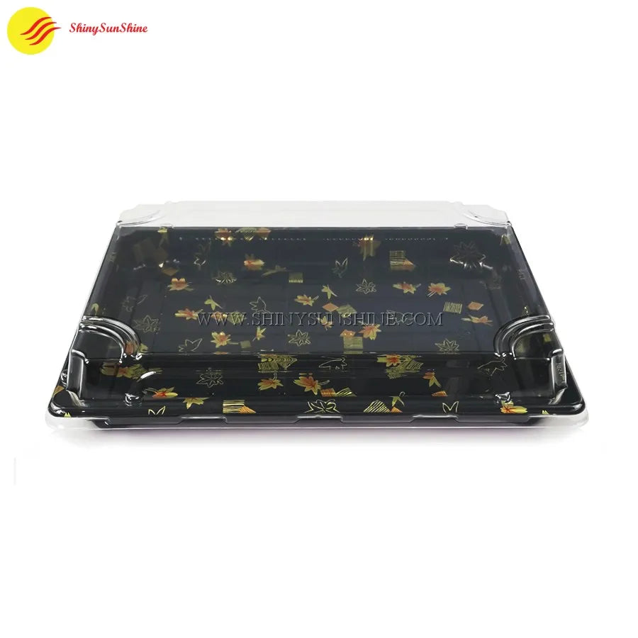 Clear plastic sushi container with custom logo and secure snap-on lid