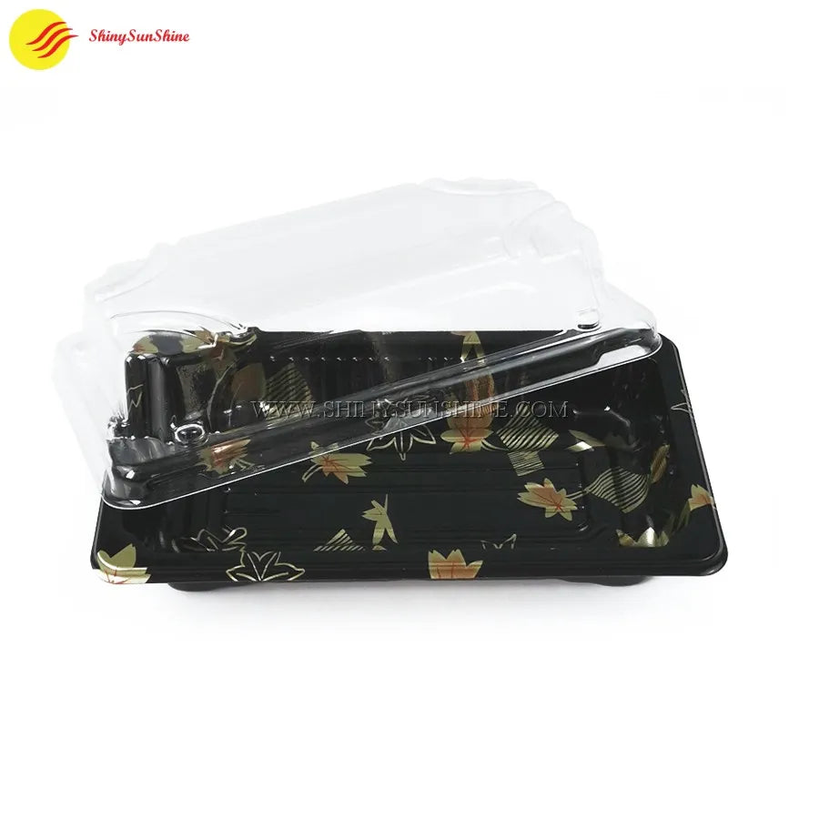 Empty plastic sushi tray featuring glossy finish and branding area