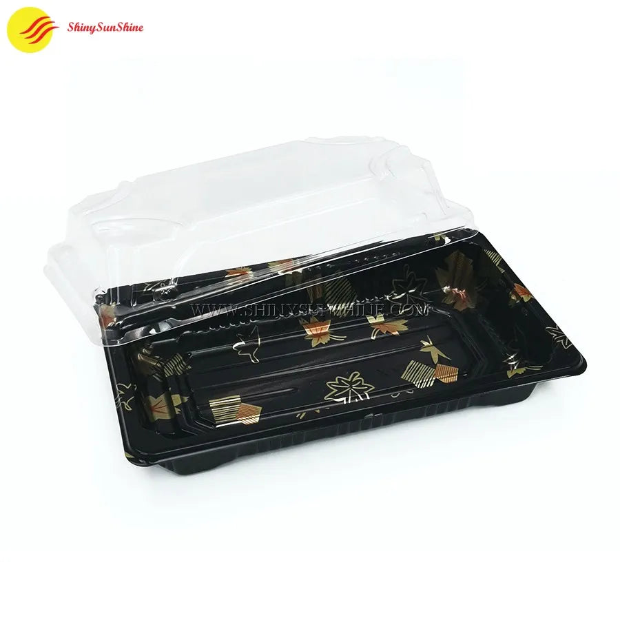 Plastic sushi tray with high-clarity lid and molded roll holders