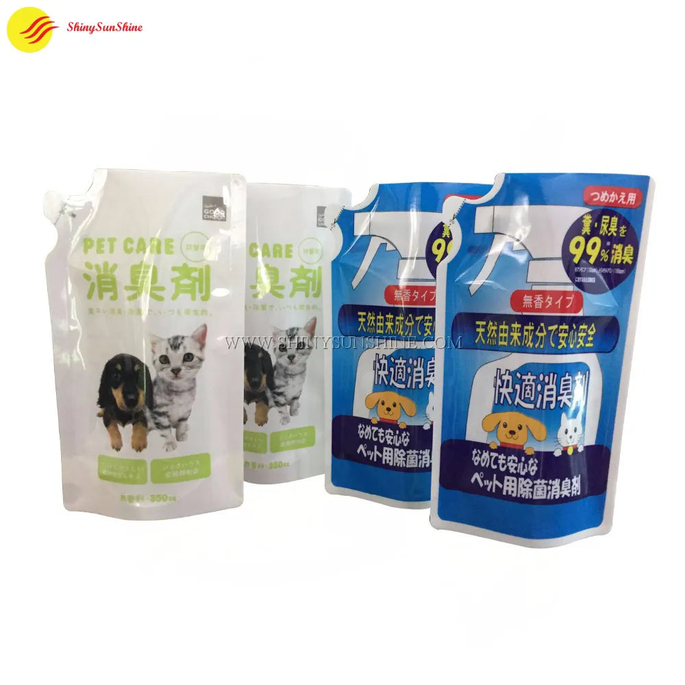 Stand-up liquid pouch with custom silhouette, resealable spout, and gusseted bottom
