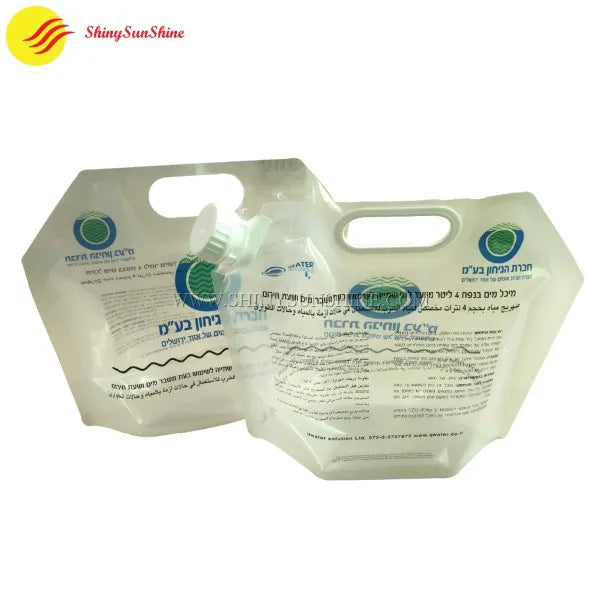 Custom-designed liquid packaging bag photographed upright with ergonomic nozzle