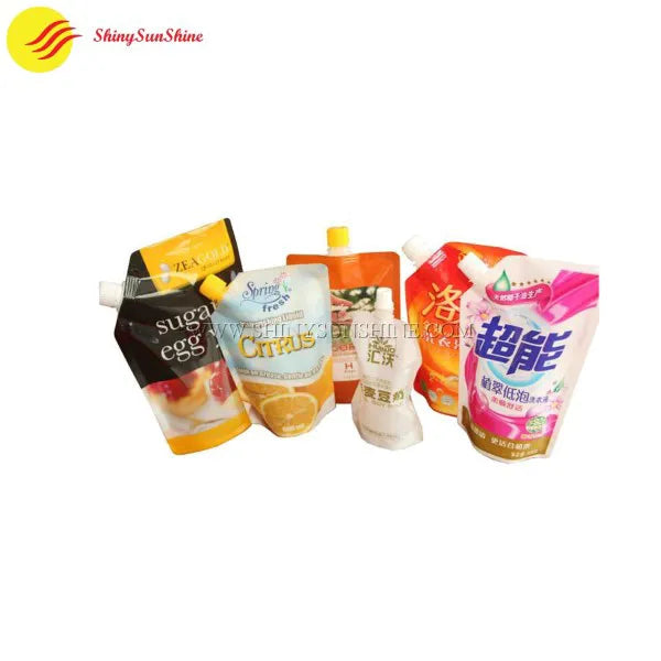Custom printed juice pouch with spouted nozzle and stand-up base for easy pouring