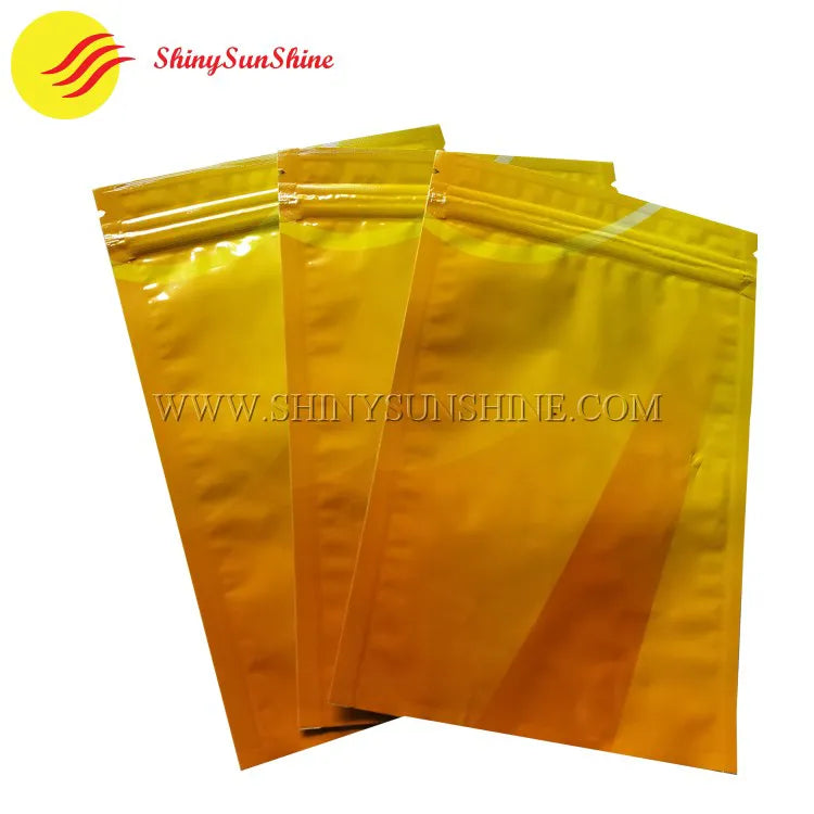 Custom-designed mini laminated bag photographed flat with bold logo and product info