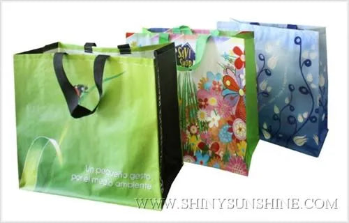 Three colorful shopping bags with different designs on a white background, featuring the brand 'Shiny Sunshine'.
