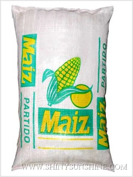 PP Woven White bag with 'Maiz Partido' branding featuring a corn illustration on a white background.